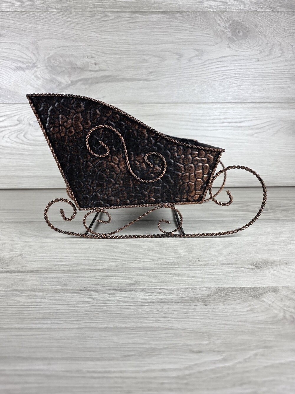 Metal Christmas Sleigh Container Black and Copper Textured Holiday SU44